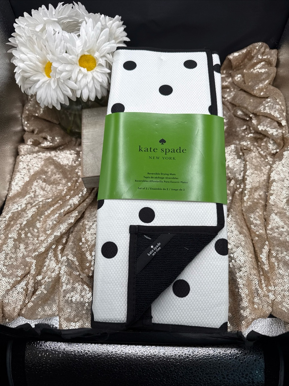 Kate Spade New York White Black Polka Dot Reversible Drying Mats Set Of 2